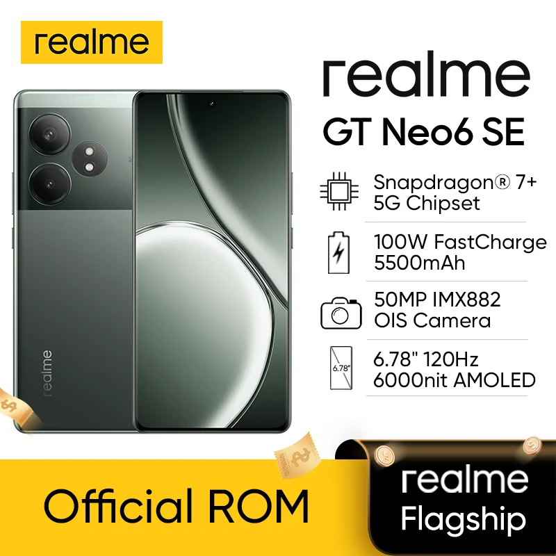 Unlocked Original realme GT Neo 6 SE 5G Smartphone Snapdragon 7+ 50MP OIS 6.78" 120Hz 6000nit Super Display 5500mAh 100W NF