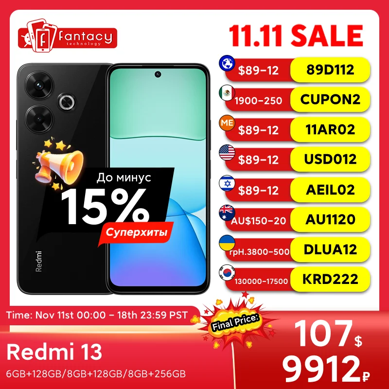 Xiaomi Redmi 13 Smartphone 4G HyperOS MTK Helio G91 Ultra 108MP Camera 5030mAh 90Hz 6.79" Display Global Version