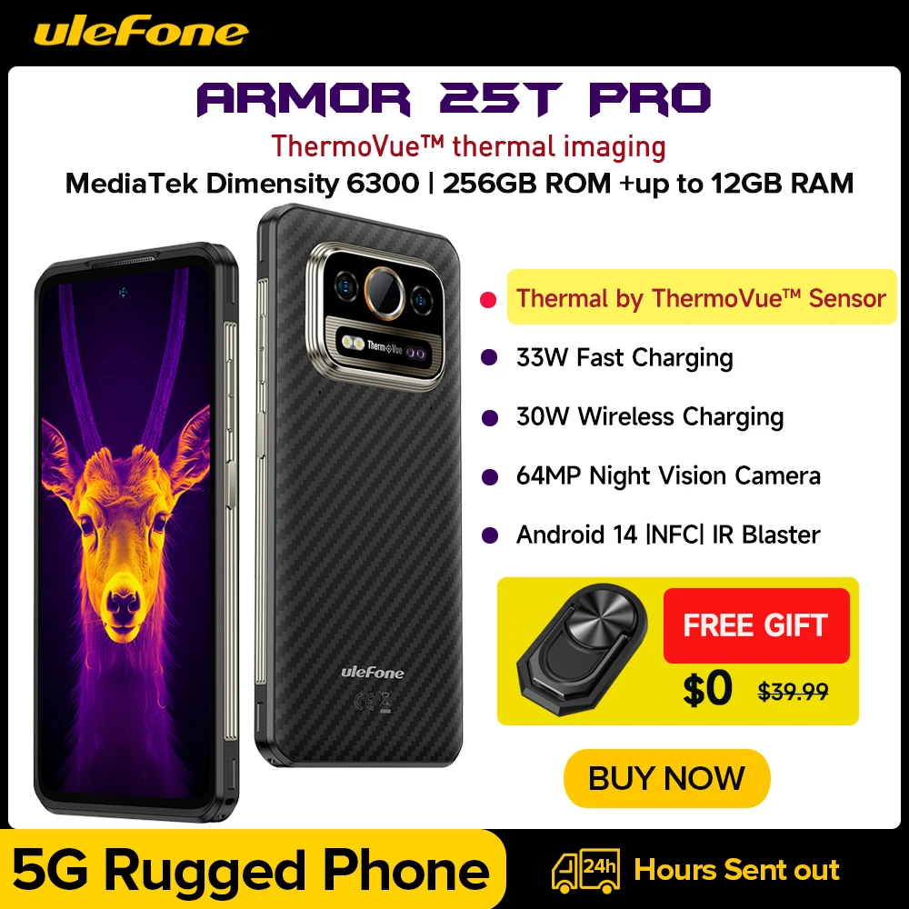 【New】Ulefone Armor 25T Pro 5G Thermal Imaging Rugged Phone 33W 50MP+64MP NFC Waterproof Smartphone Android 14 ROM 256GB