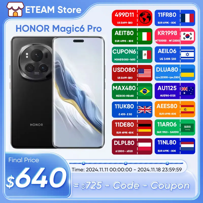 Original HONOR Magic6 Pro smartphone android Global Version Snapdragon 8 Gen 3 120HZ 6.8" Quad-Curved 180MP Camera 5600mAh