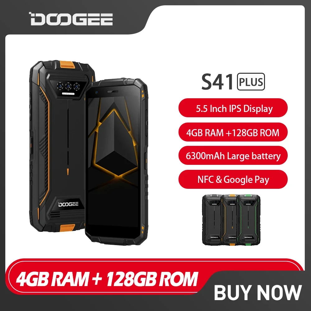 DOOGEE S41 Plus Rugged Smartphone Android 13 4GB+128GB Mobile Phones 5.5" 13MP AI Triple Camera 6300mAh NFC Cell Phone On S
