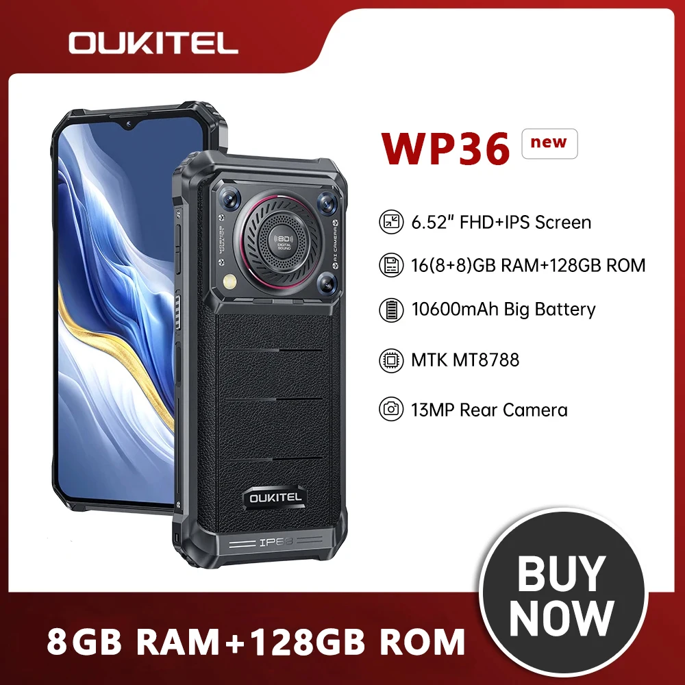 Oukitel WP36 Rugged Smartphone 10600mAh 6.52" HD+ Octa Core 8GB 128GB Mobile Phone Android 13 13MP Camera 15W Fast Charge N