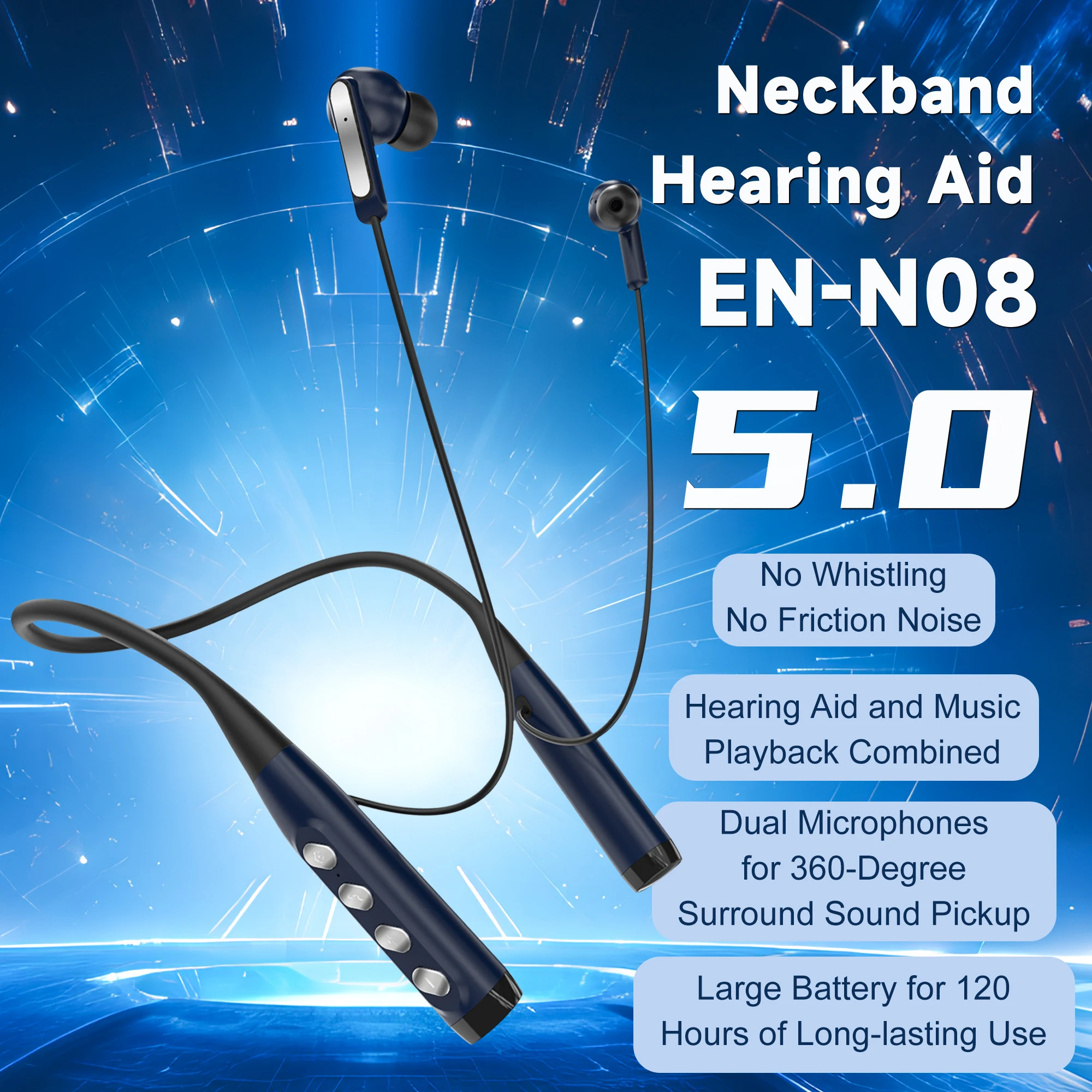 TingDJ NeckBand Bluetooth Hearing Amplifier, 120hours Using, No Whistling, No Friction Noise, EN-N08