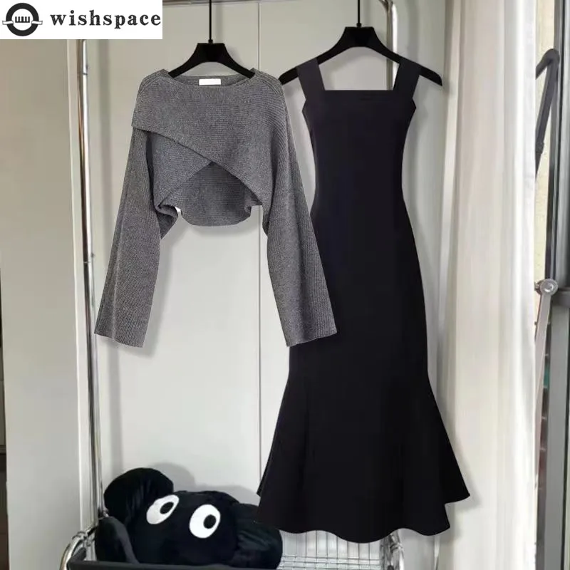 Spring and Autumn Season Set Women's New Korean Edition Design Sense Fishtail Skirt Temperament Knitted Top Two Piece Set
