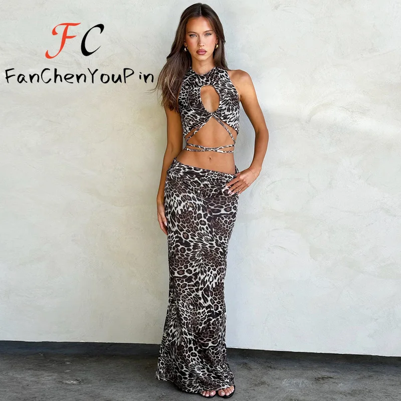 2024 Summer Women's Dress Set Elegant Sexy Backless Sleeveless Lace-up Top Slim Fit Long Skirt Leopard Print Suit Holiday B