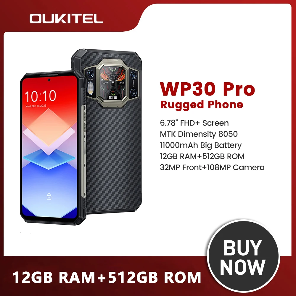 Oukitel WP30 Pro Rugged Smartphone Android 13 12GB+512GB 11000mAh 5G Mobile Phone 6.78" FHD+ 108MP 120W Super Fast Charge