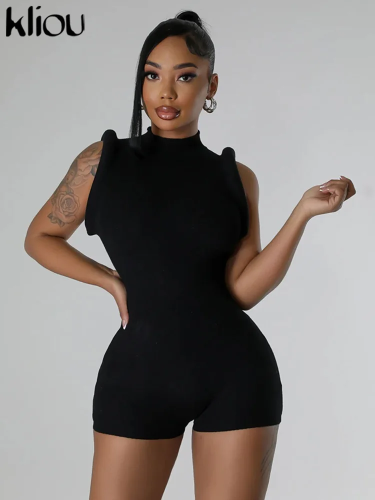 kliou Rolled Shoulder Playsuits Women Concise Chic Patchwork Solid Sleeveless Skinny Ruched Rompers Female Basic Street Bodysuit