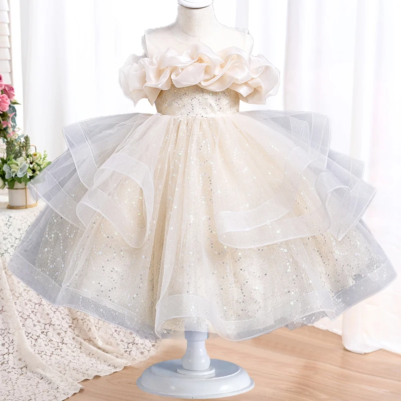 Puffy Pink Girls Baby Dress Toddler Children Baptism 1 Year Baby Bow Princess Dress Birthday Wedding Flower 3-12 Year Old