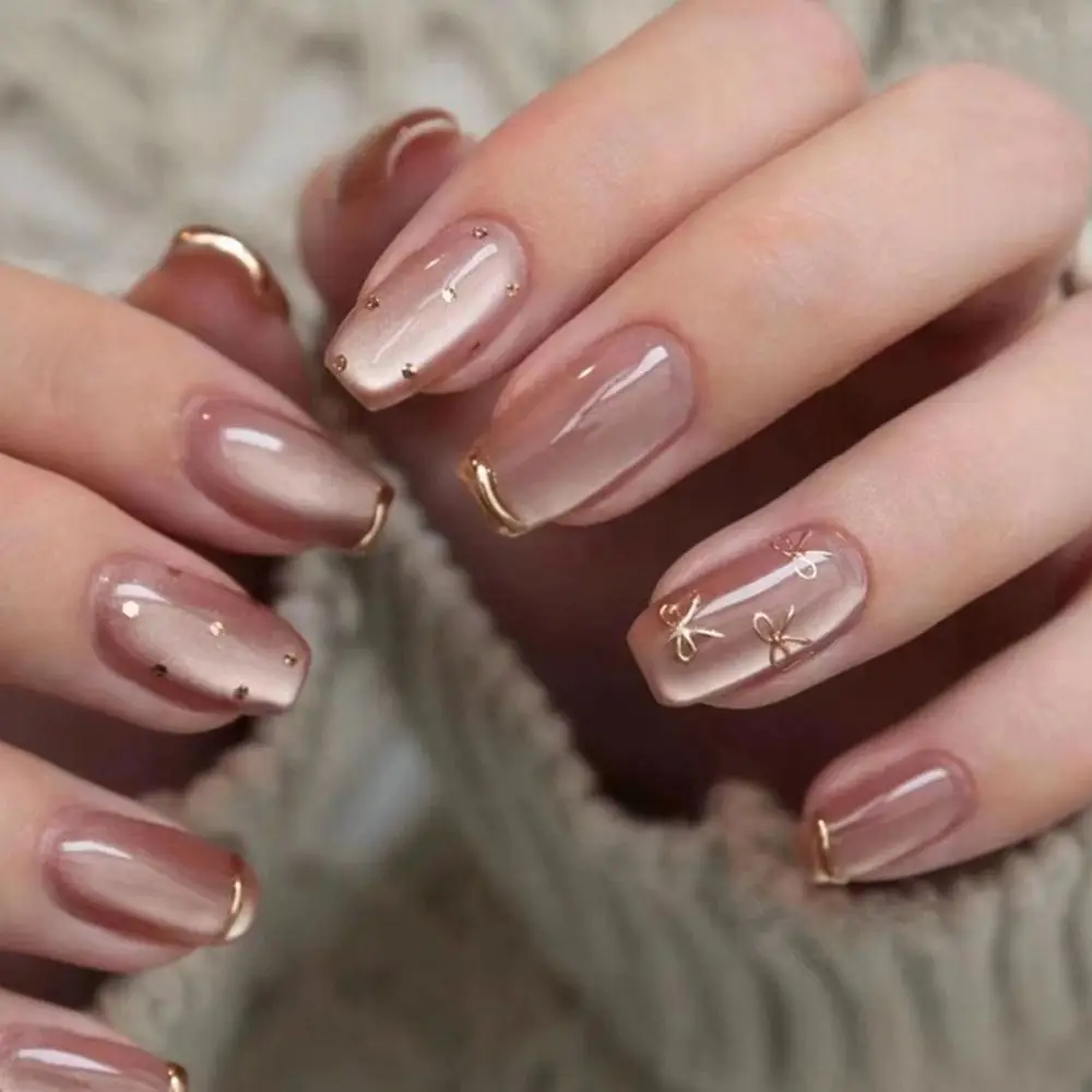 24pcs/box Long Ballerina Fake Nails French Bow Knot Cat Eye False Nails Full Cover Press on Nails DIY Detachable Manicure