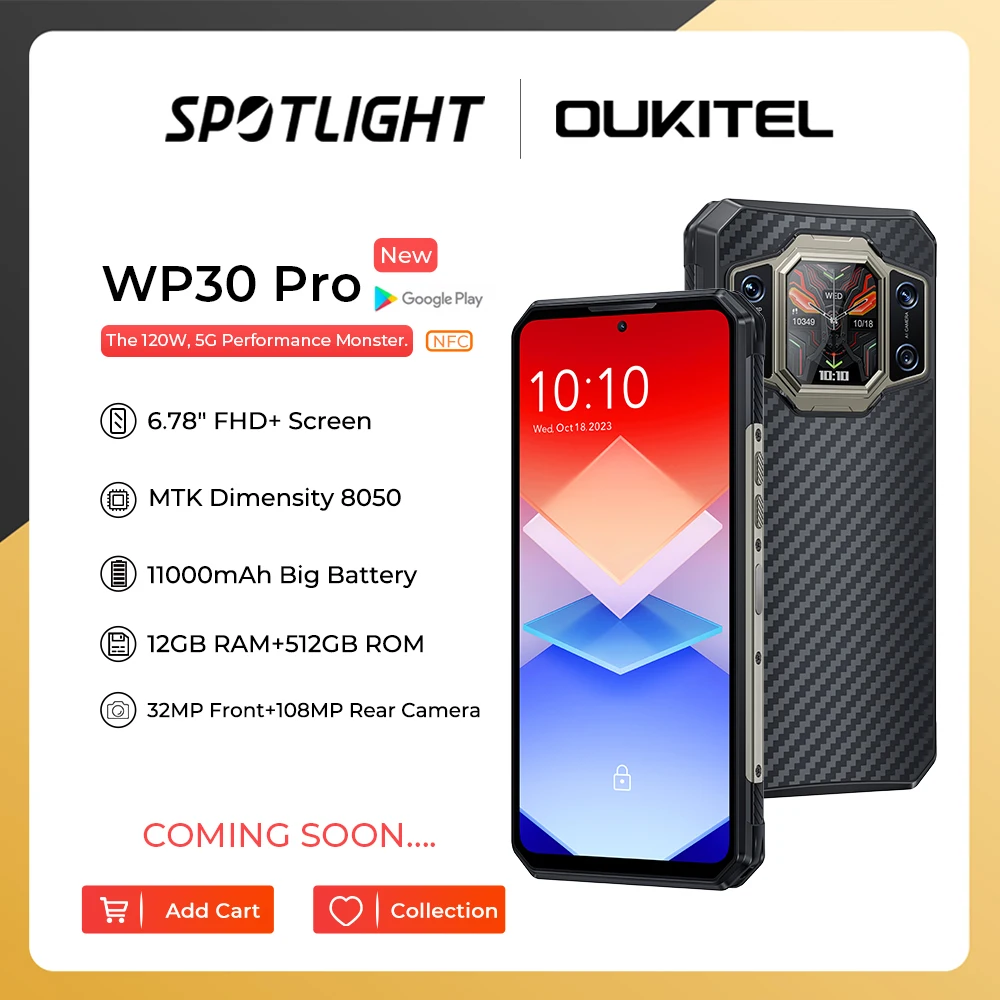 Oukitel WP30 Pro 5G Rugged Smartphone NFC Cell Phone 12GB + 512GB 108MP Camera 11000mAh Battery 6.78 " 120W Mobile Phone
