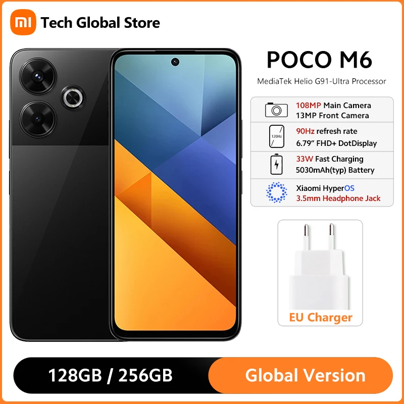Global Version POCO M6 Smartphone MediaTek Helio G91 Ultra Processor 6.79" 90Hz DotDisplay 108MP Main Camera 33W Fast Charg