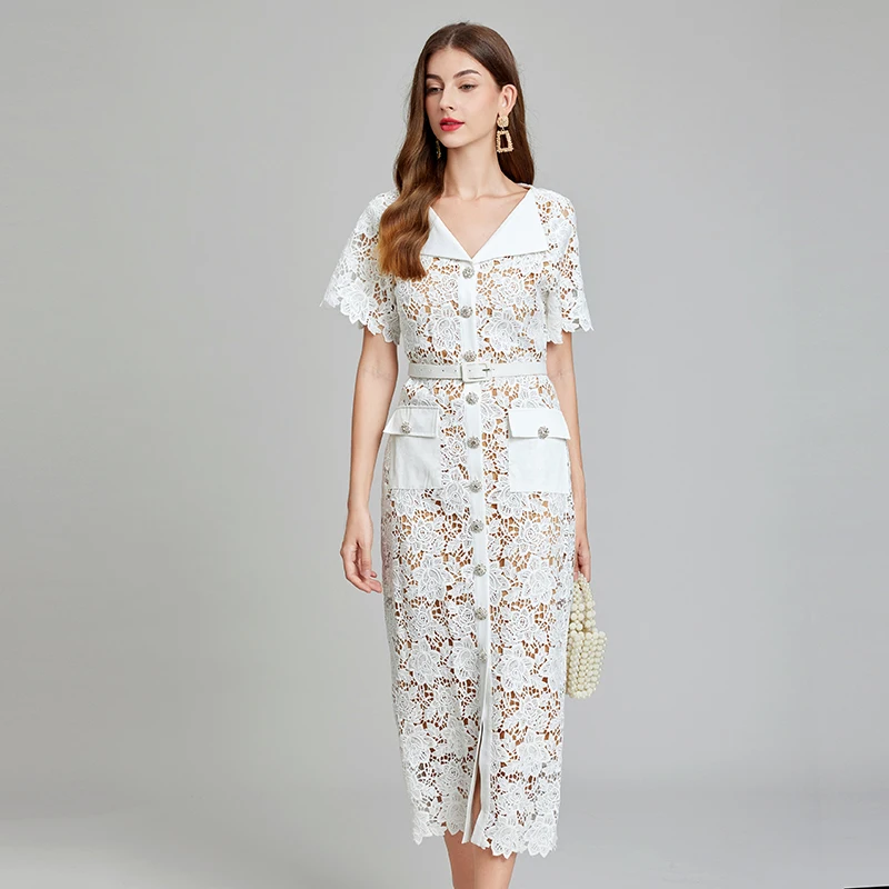 New Summer Women Turn-down Collar Short Sleeve Belt Slim Long Dress High Quality Fashion Diamonds Buttons Hollow Out Lace Dress