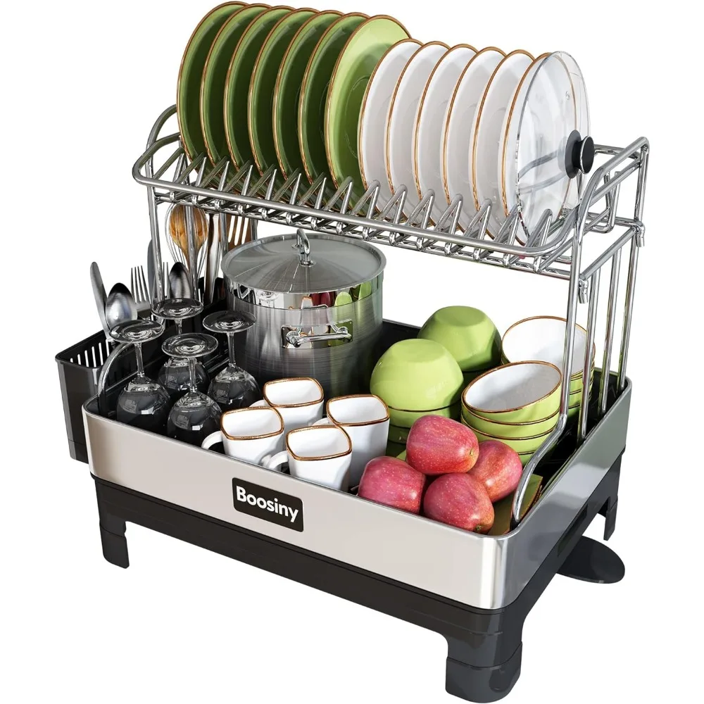 BOOSINY Stainless Steel Dish Drying Rack, Extra Large Dish Racks for Kitchen Counter, 2 Tier Dish Drainer and Drainboard Set wit