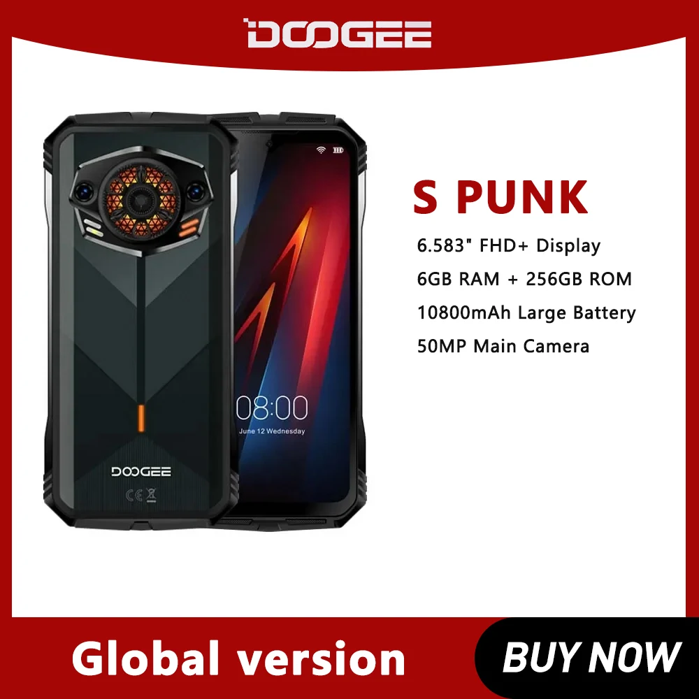 DOOGEE S Punk Rugged Smartphone LED Light Effect 6.58" 90Hz Display 6GB+256GB Android 14 Spreadtrum T606 10800mAh 50MP 4G N