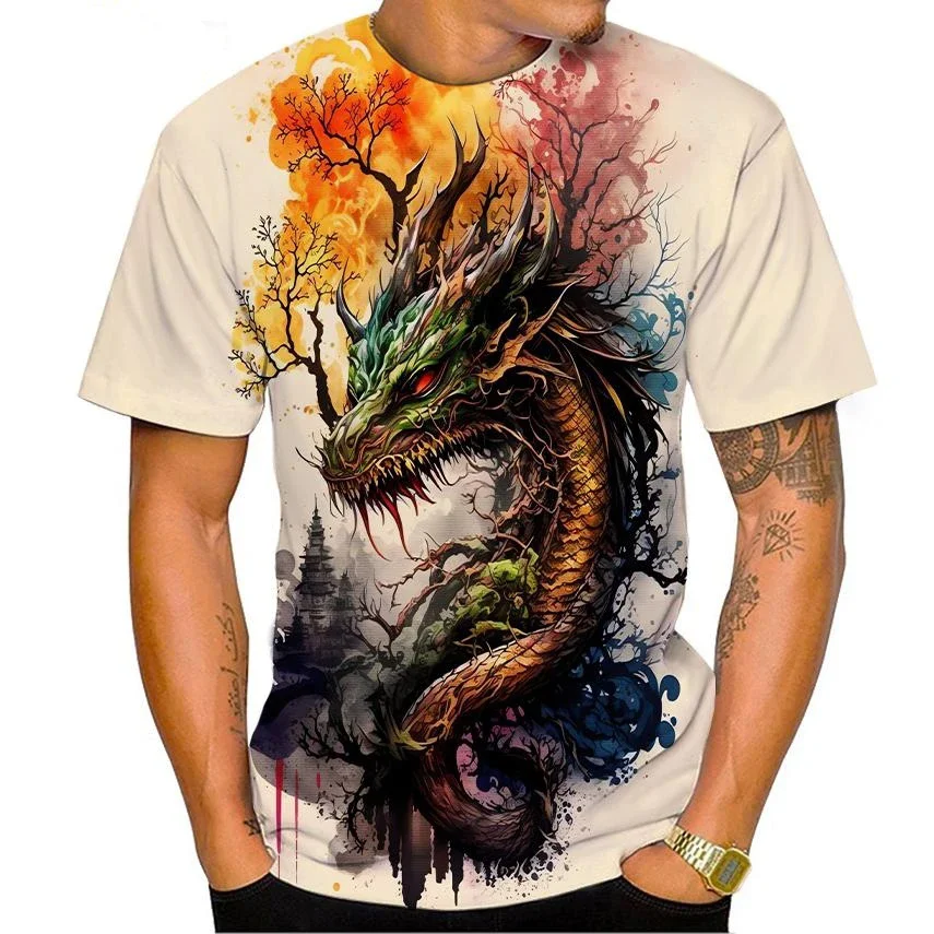 Summer New Men's Top 3D Printed Pattern Dragon Fashion Trend Short sleeved Casual Comfortable Round Neck Plus Size T-shirt