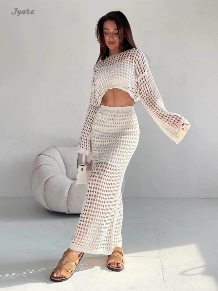 Flare Sleeve Pullover Summer T-shirts And Long Skirt Sets Hollow Out Crochet Sheer Tee + Skirt Vacation Sexy Summer Women Sets