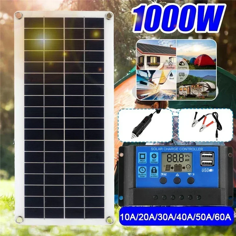 Solar Panel with 60A Controller, Solar Cell for Phone, RV Car, MP3 PAD Charger, Outdoor Battery Supply, 1000W, 12V