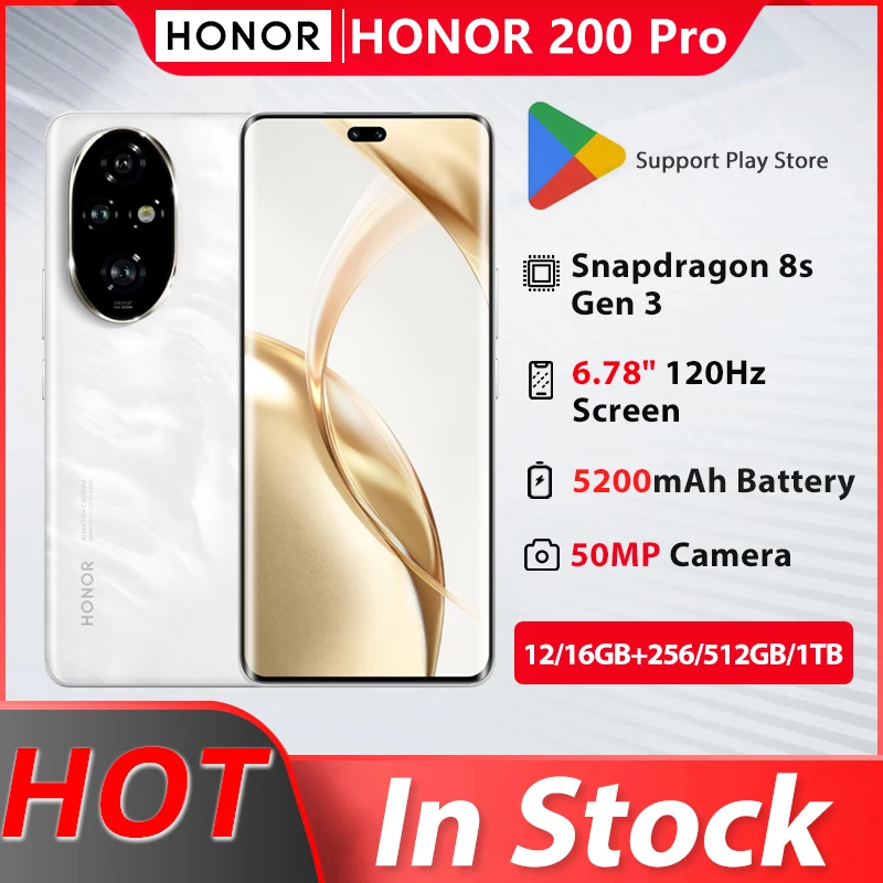 Original Honor 200 Pro 5G Mobile Phone 6.78 Inches 120Hz OLED Screen Snapdragon 8s Gen 3 Battery 5200mAh Smartphone Google