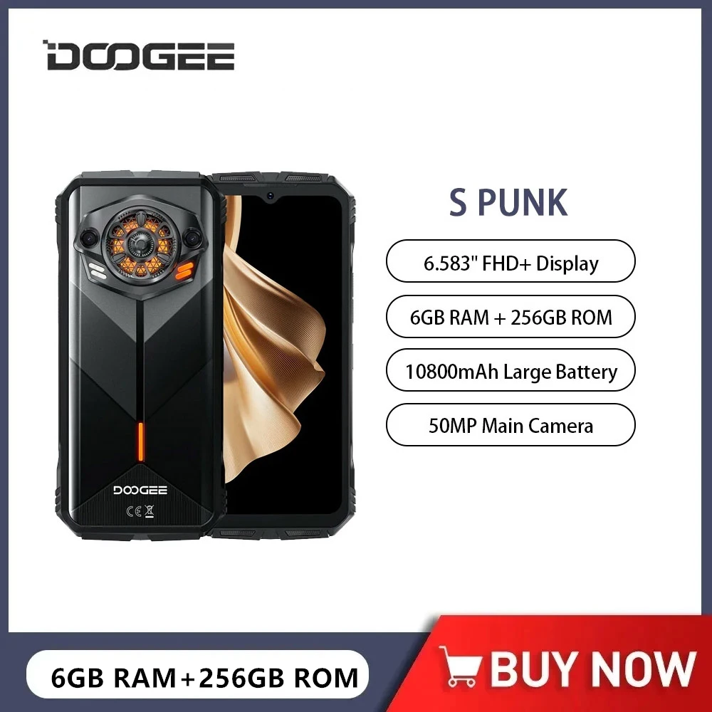 DOOGEE S PUNK Rugged 4G Smartphones 6.58Inch FHD Octa Core 6GB+256GB Android 14 Mobile Phone 50MP 10800mAh 33W Fast Charging NFC