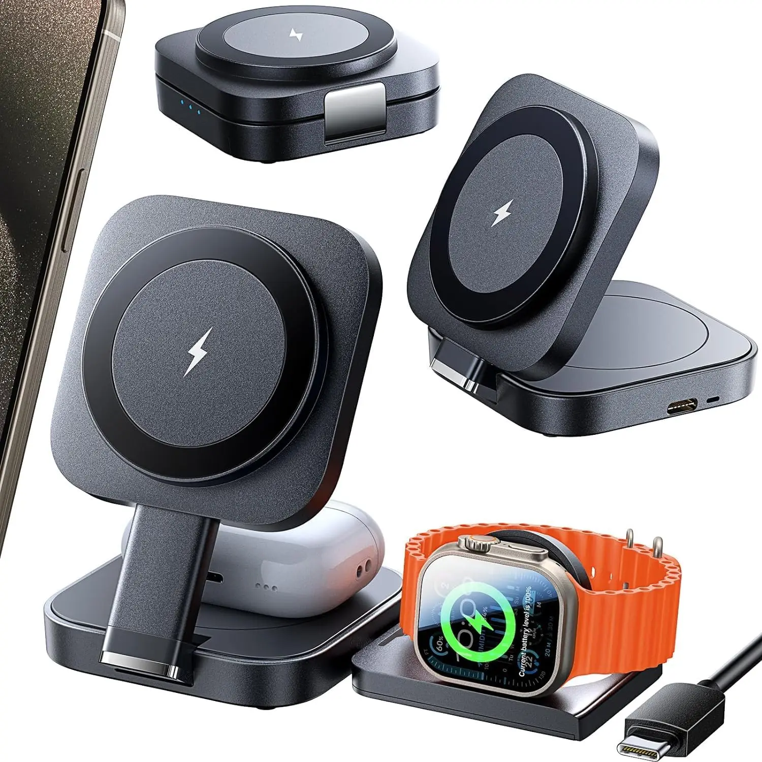 Foldable Wireless Charger for Apple iPhone 14 15 Pro Airpods Pro iwatch 3 in 1 15W Fast Charger Wireless Stantion