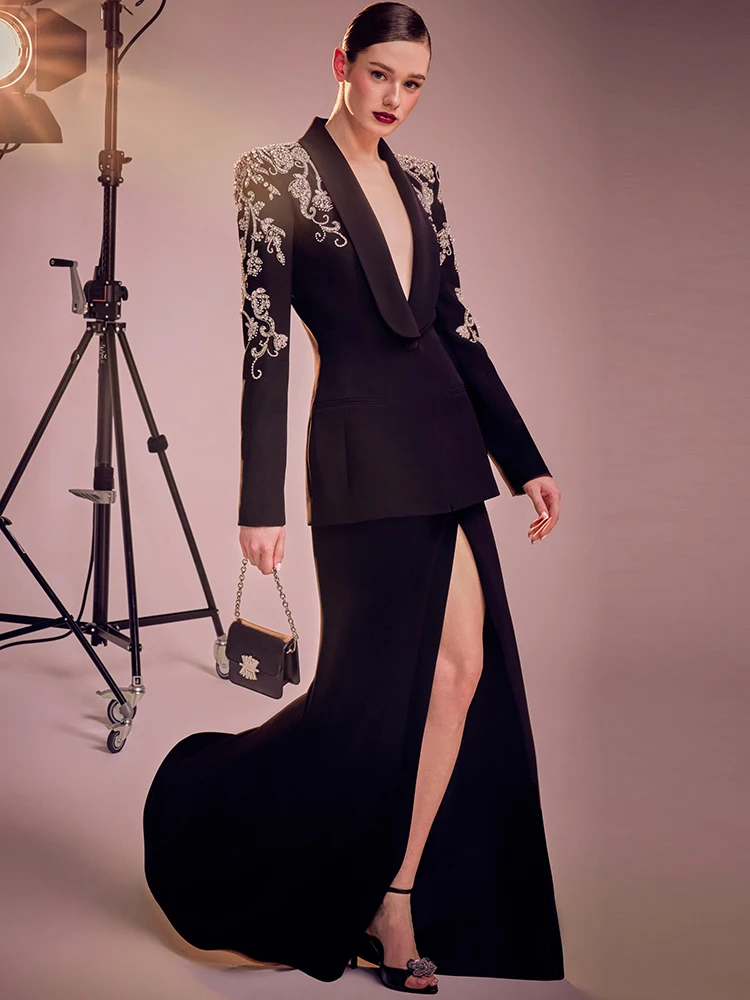 HIGH STREET Newest Fashion 2024 Women's Diamonds Rhinestone Beaded Blazer Mermaid Long Skirt