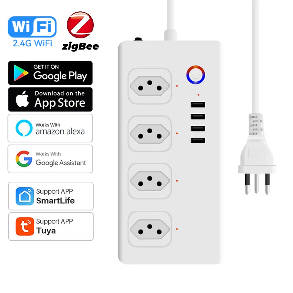 8 Ports Tuya WiFi Zigbee Smart Brazil Power Plug 4 Outlets 4 USB Charging Sockets Alexa Google Home Voice Assistant Socket Timer