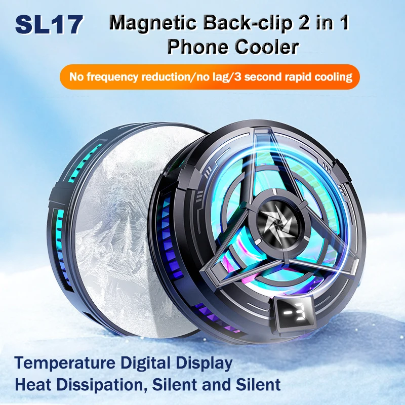 SL10/SL17 Mobile Phone Cooler Semiconductor Magnetic/Back-Clip 2 in 1 Cooling Fan Radiator with RGB Light for IOS Android Tablet
