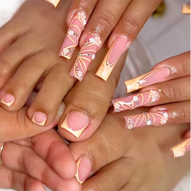 48pcs Butterfly Pattern False Toe Nail Hand & Foot Two-Piece set French style Fake Nails With Ballerina Simple Press On Nail