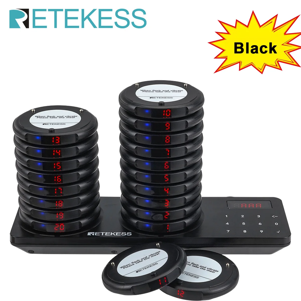 RETEKESS TD163 Restaurant Pager System 20 Vibrator Coaster Buzzers Bell Beeper Receivers for Guest Queuing Food Court Cafe Bar