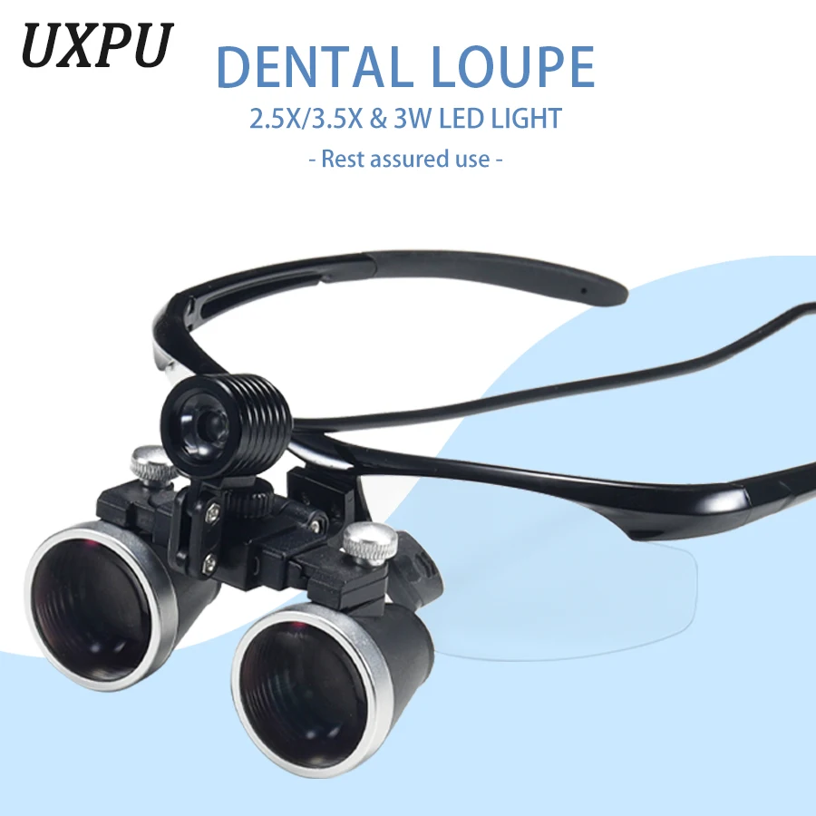 Dental Goggles Magnifying Glass, Medical Adjustable Magnifying Glass, Optical Glass Lens, 2.5X/3.5X，3W Led Light