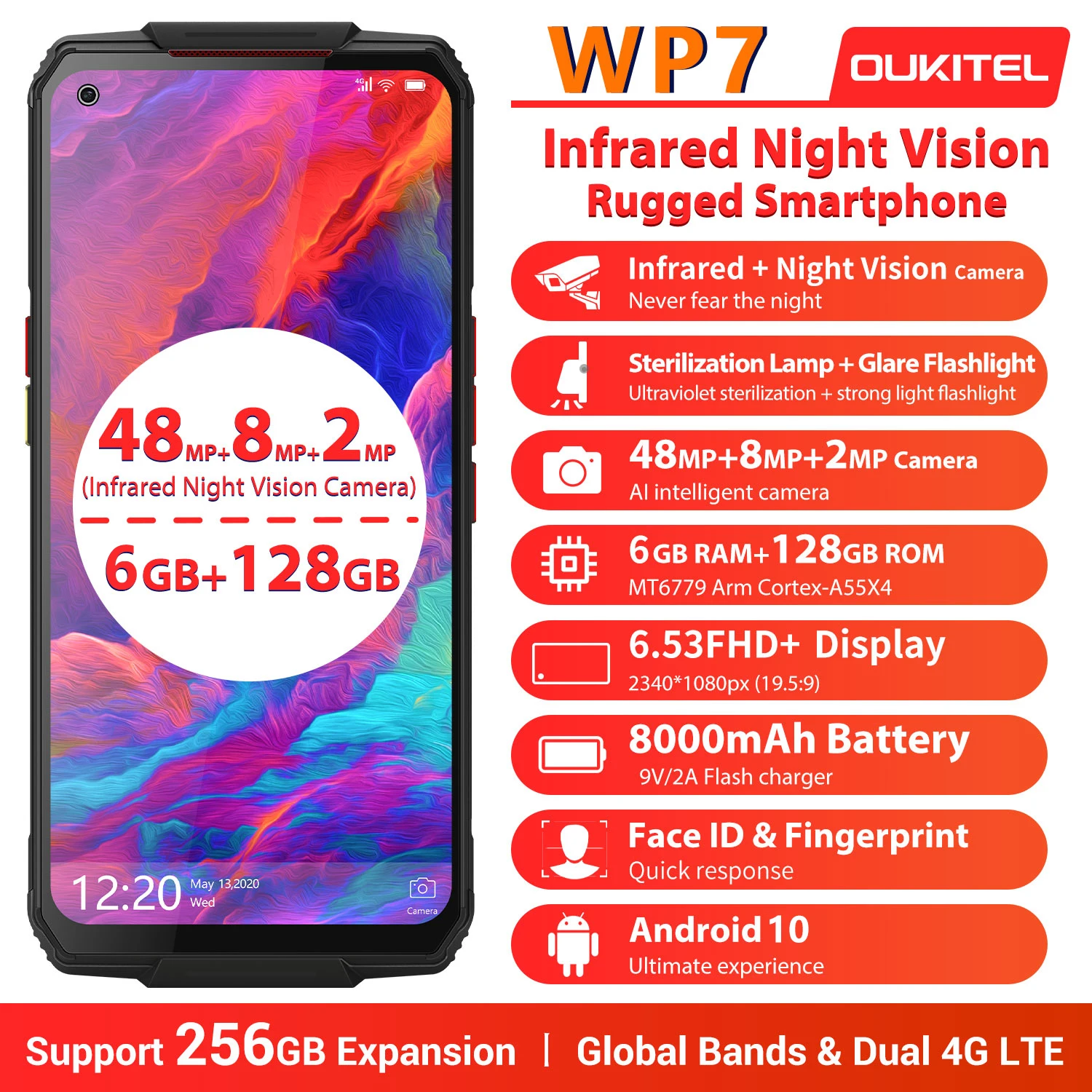 OUKITEL WP7 Smartphone MT6779 Octa Core 9V/2A 6.53"FHD NFC Phone Android 9.0 8000mAh Battery 48MP Cameras Mobile Phone