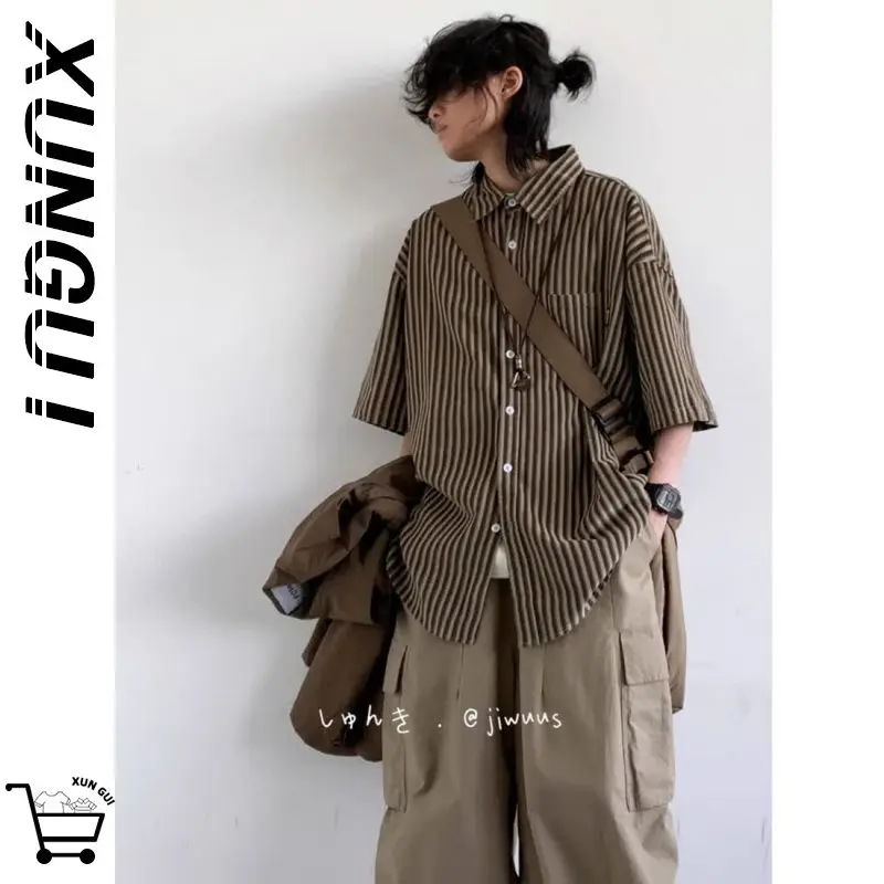 Spring Summer New Fashion Men's Clothing All Match Stripe Korean Style Ropa Hombre Button Polo Neck Y2K Looseshort Sleeve S