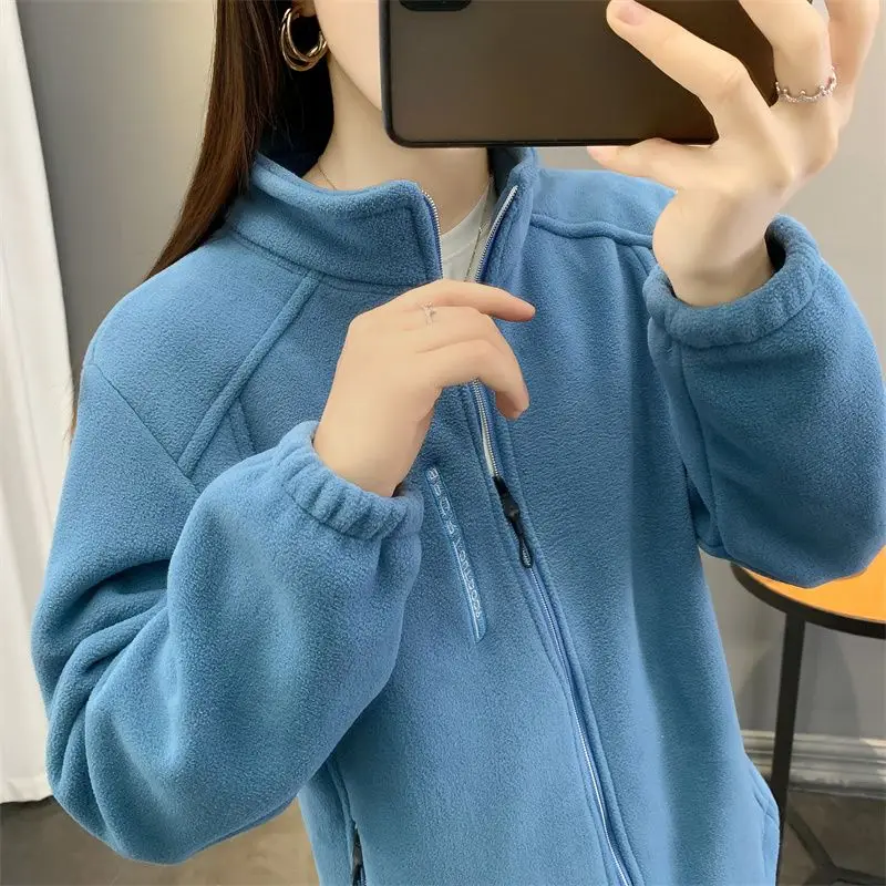 Fleece Jackets Autumn Winter Women Clothing Coat Warm Zipper Sweatshirt Long Sleeve Cardigan Thick Windbreaker Outerwear Chic