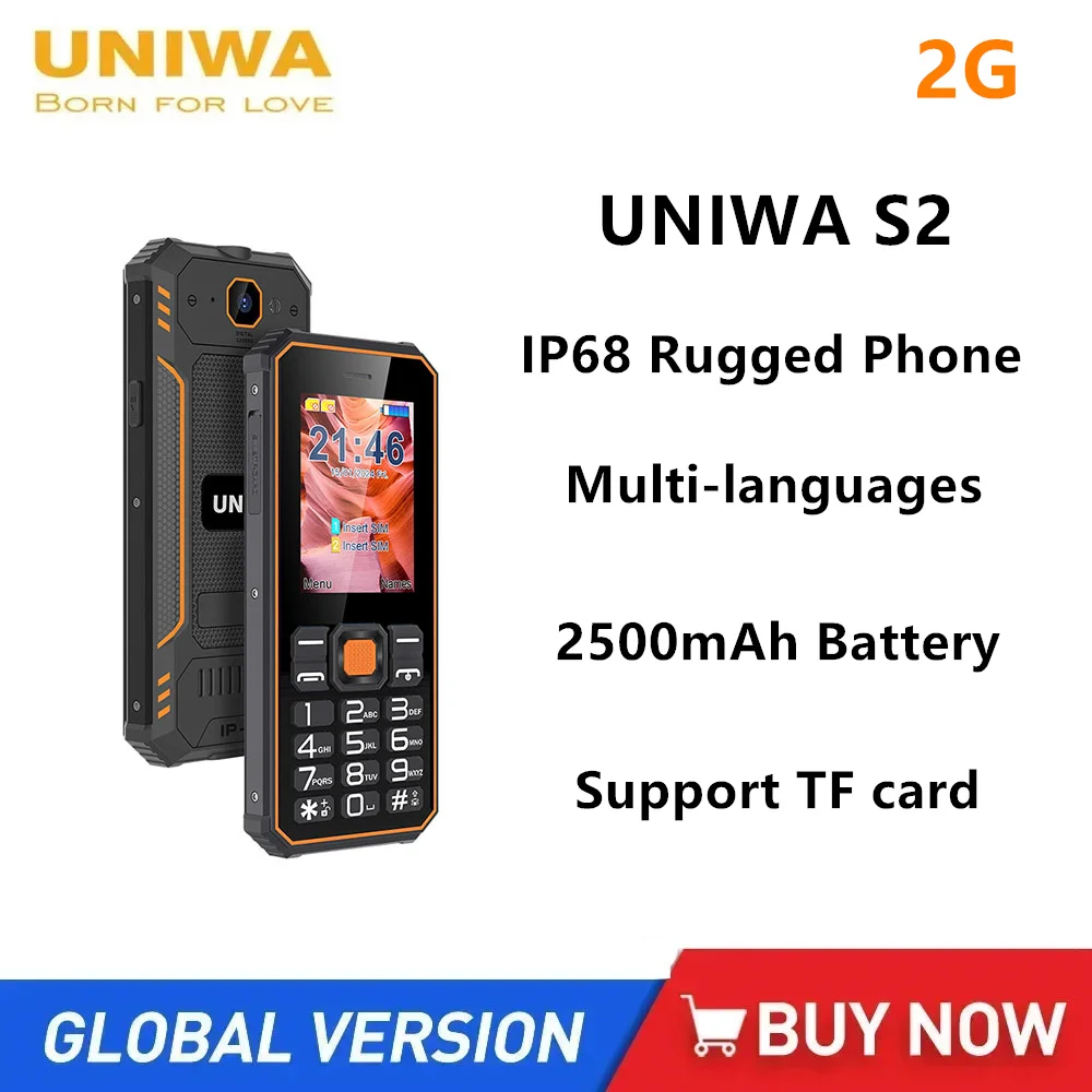 UNIWA S2 Feature Phone 2.4 Inch IP68 Waterproof Rugged Button 1325 Box Speaker 2G Mobile Phone 2500mAh Battery Support TF Card