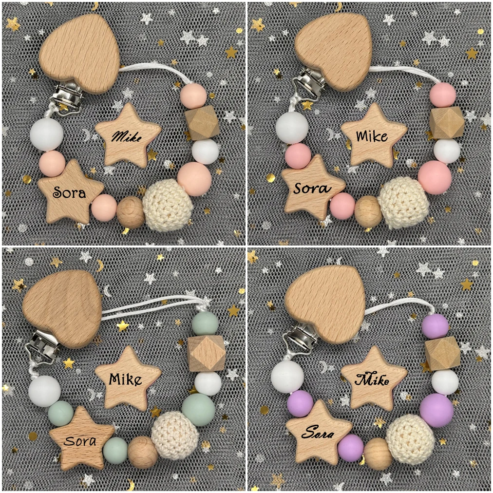 Handmade Personalized Custom Name Wood Bear Baby Pacifier Chain Clip Silicone Bead Holder With Name Teether Pendant Newborn Gift