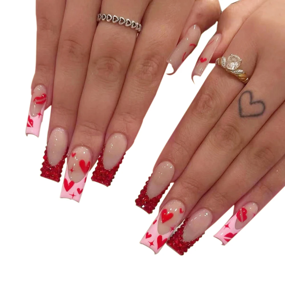 24pcs Red heart Ballerina long press on nails Red rhinestones fake press on nails sweet french tip press on nails cute fashion