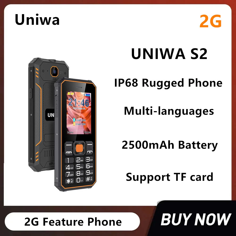 UNIWA S2 IP68 Rugged Button Feature Phone 2.4 Inch 1325 Box Speaker 2G Mobile Phone For Old Men 2500mAh Battery Support TF Card