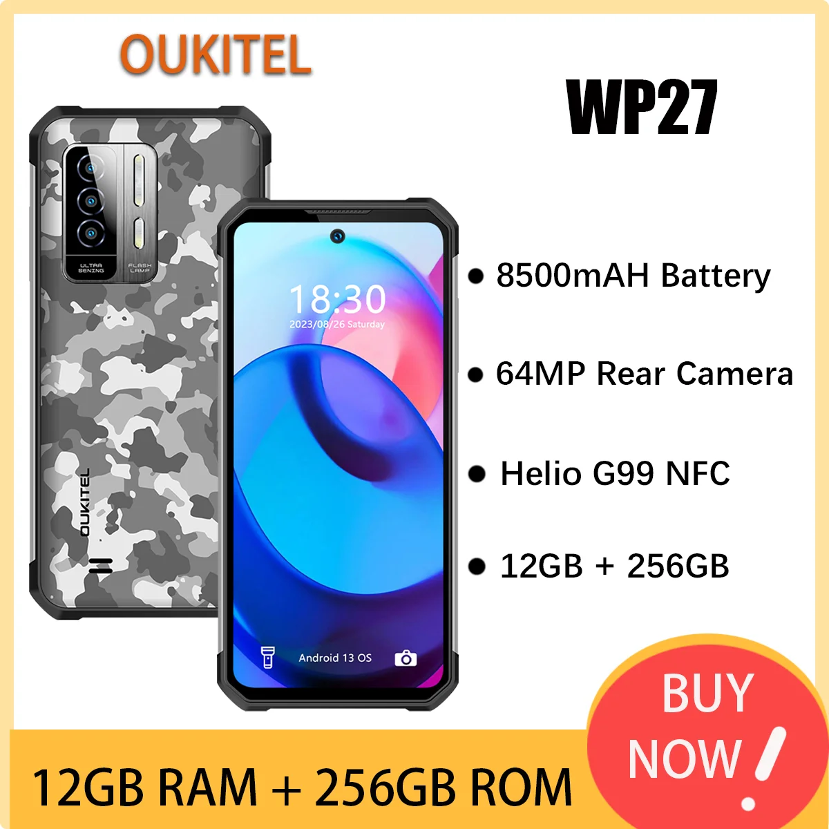 Oukitel WP27 Rugged Smartphone 8500mAH Battery 64MP Camera Mobile phone 6.78“FHD+ MTK G99 12GB+256GB Cell Phone