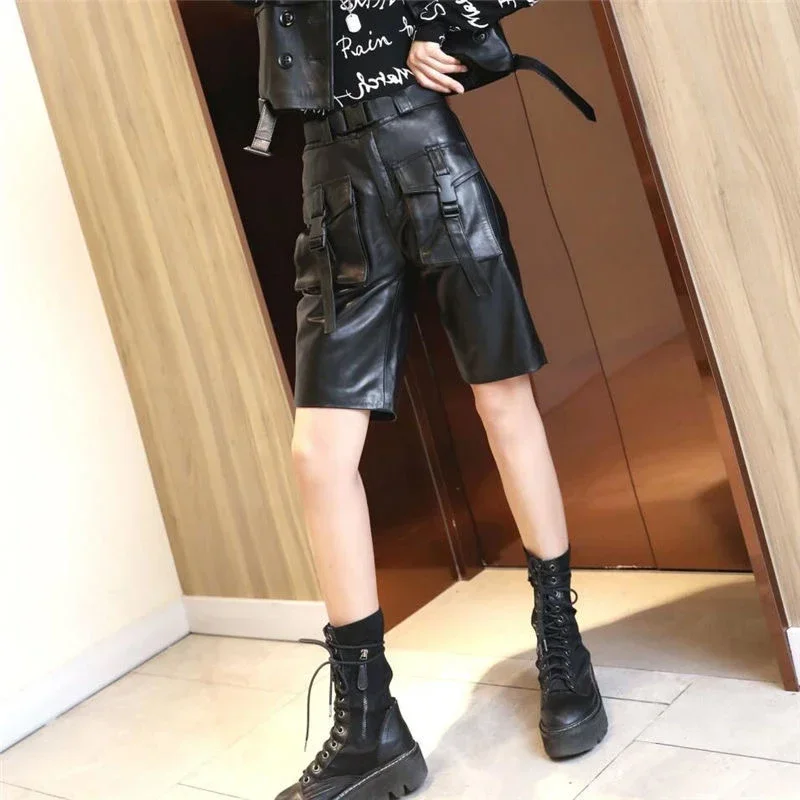 Men's Black Matte Leather Shorts Casual Loose Atraight Pants with Pocket Male Stretch PU Punk Cargo Pants Clubwear Custom N