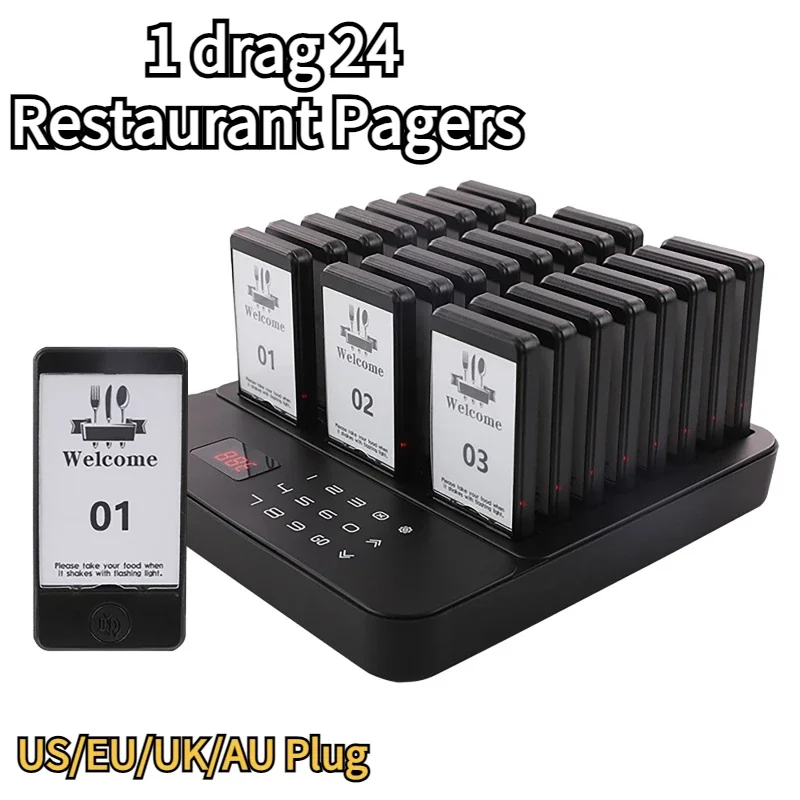 Restaurant Pager Wireless Calling System 24 Coasters Buzzer Beeper Bell Receivers For Bar Cafe Food Truck Hotel Church
