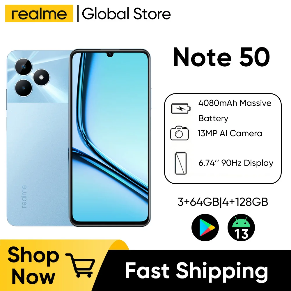 realme Note 50 6.74'' Large Display Screen Powerful 8-Core Phone 13MP AI Camera IP54 Waterproof 4890mAh