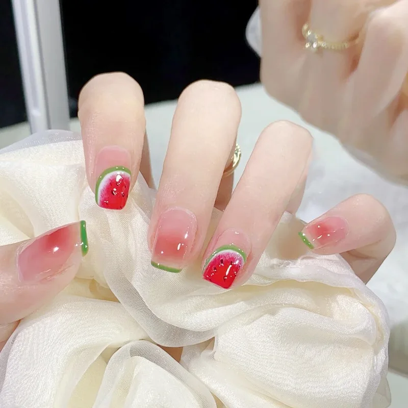 24Pcs/Box Cute Watermelon Women Girls Nail Art Fake Nails Acrylic Cute Kawaii Short Square Jelly Press-On Nails Medium Summer
