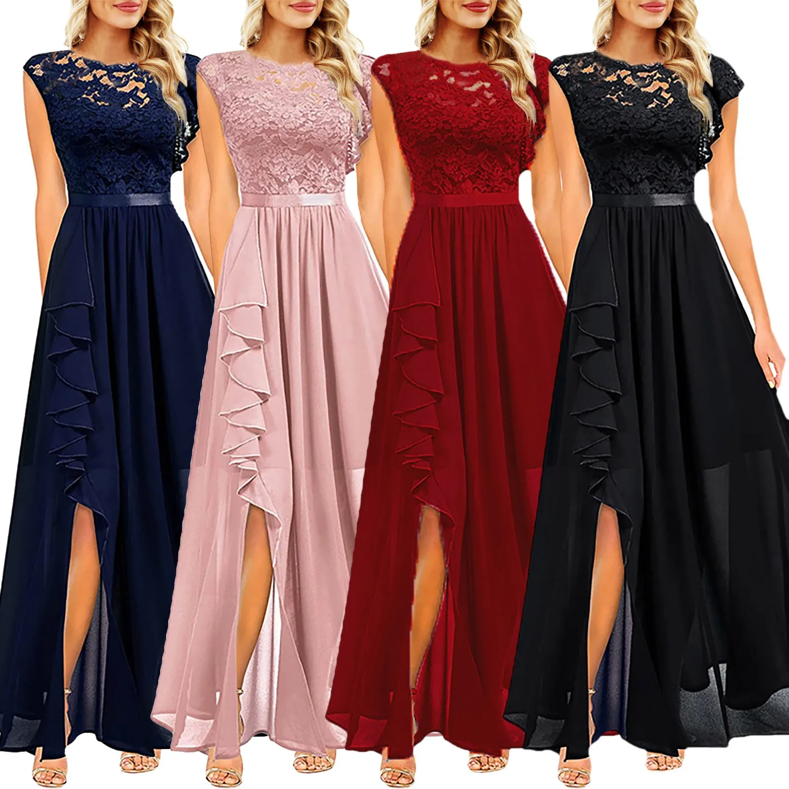 2024 Women's Elegant Long Maxi Dress High Waist Round Neck Party Wedding Fashion Dress Robe Vintage Spliced Lace Chiffon Dr