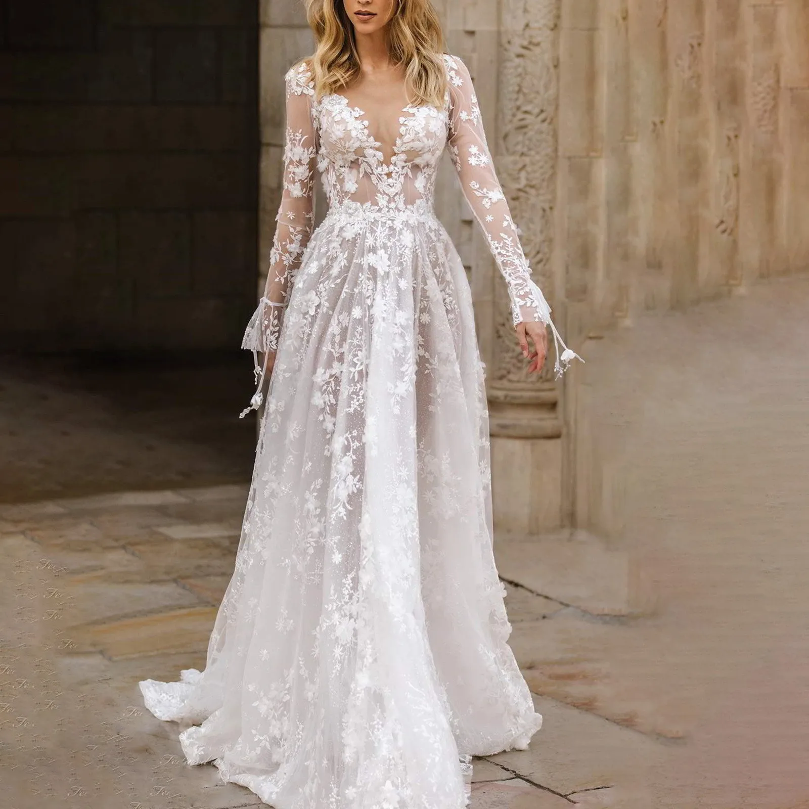 2024 Elegant High Waist Wedding Dress Women Clothing Pure White Long Sleeves Women's Solid Color Print Ball Gown Dresses 20