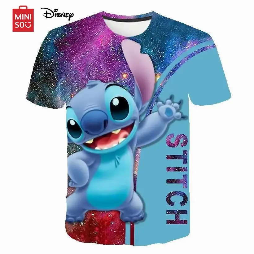 MINISO Disney Stitch T-Shirts Cartoon Anime 3D Print Streetwear Men Women Fashion T Shirt Kids Boys Girls Tees Tops Clothing
