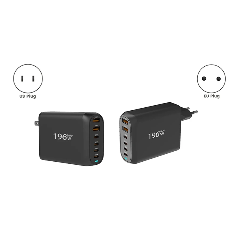 196W USB C Gan Charger PD 100W Fast Charging Power Adapter 6 Ports For Ipad Pro Iphone Galaxy Huawei