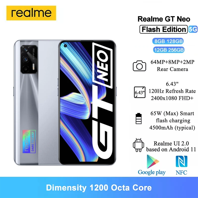 Realme GT Neo Flash Edition 5G NFC 6.43" Moblie Phone 120Hz Dimensity 1200 Octa Core Smartphone 16MP Selfie Camera 4500mAh