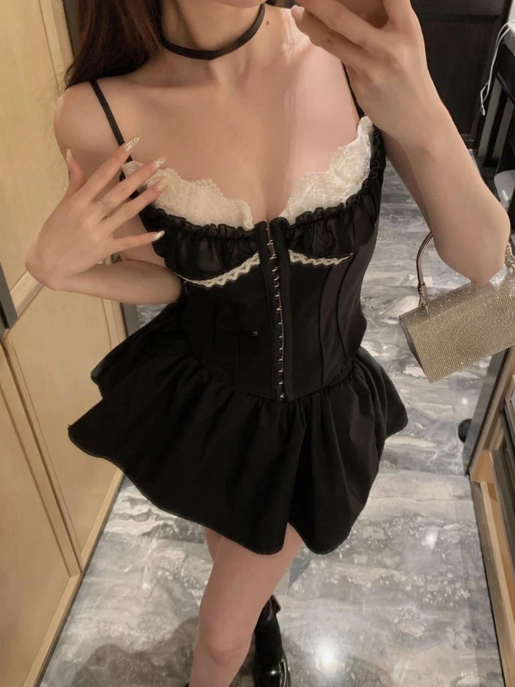 American Retro 2 Piece Skirt Sets Women Sexy Slim Lace Patchwork Corset Vest + High Waist Pleated Skirt Fashion Streetwear Suits