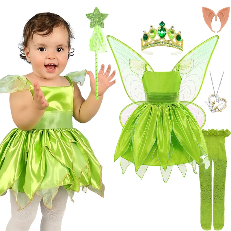 Christmas Fancy Girl Tinker Bell Dress Up Carnival Children's Green Elf Fairy Princess Birthday Party Halloween Cosplay Cos