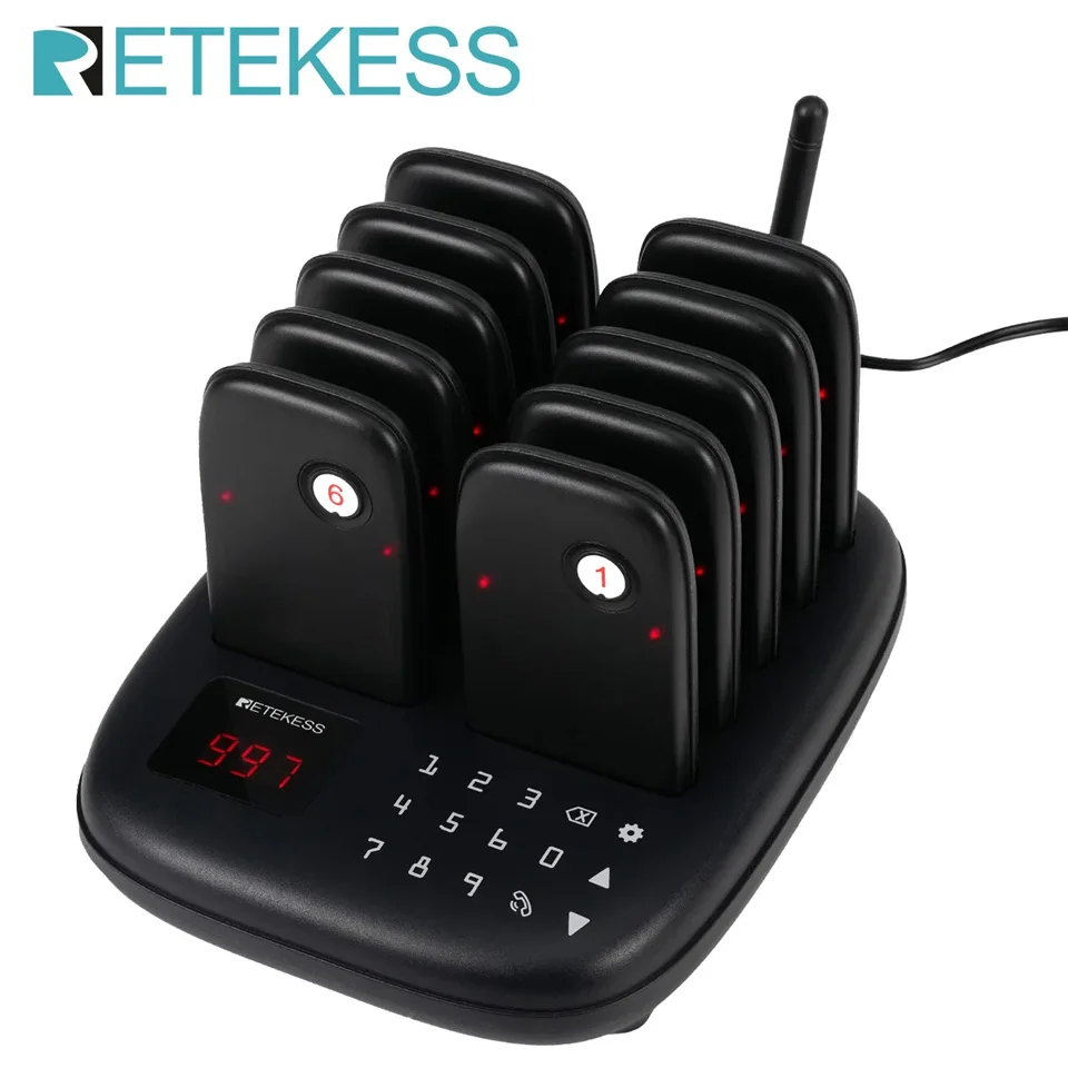 RETEKESS TD175S Wireless Call System for Restaurant 10 Channel Coaster Buzzer Bell Receiver with Vibrator for Cafe Food Truck
